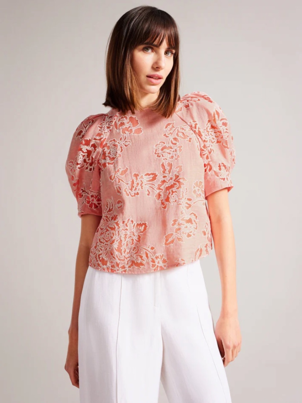 NWT Ted Baker London Meliiha Puff Sleeve Boxy Top in Coral Size 4 US Size 10